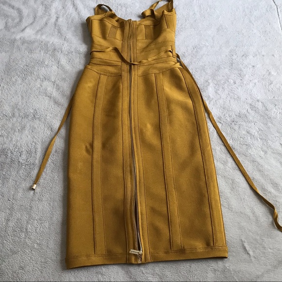 House of CB Belice Ginger Tie Waist Bandage Dress Mustard Gold Yellow Sz XS - Picture 12 of 13